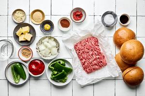 ground beef, jalapeno, bell pepper, garlic, onion, ketchup, worcestershire, mustard & spices in prep bowls
