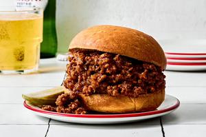 a homemade sloppy joe made with ground beef, jalapeno, bell pepper, garlic, onion, ketchup, worcestershire, mustard & spices