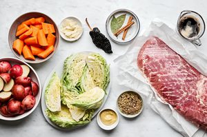 ingredients prepped for corned beef and cabbage, an Irish comfort food dinner, perfect for celebrating St. Patrick's Day