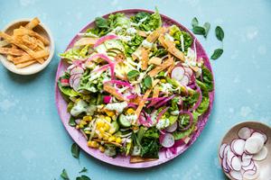 Homemade Tex-Mex salad with creamy oregano dressing topped with Monterey Jack cheese and crispy tortilla strips on a plate