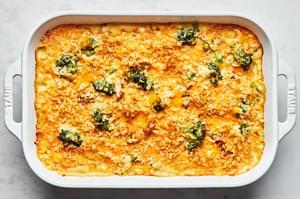 Chicken Broccoli and Rice Casserole in a casserole dish topped with toasted panko breadcrumbs