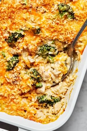 Chicken Broccoli and Rice Casserole in a casserole dish topped with toasted panko breadcrumbs