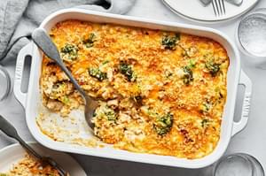 Chicken Broccoli and Rice Casserole in a casserole dish topped with toasted panko breadcrumbs