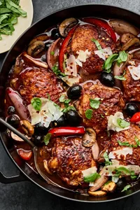 chicken cacciatore in a dutch oven topped with fresh basil, red pepper flakes and Parmesan