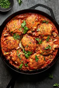homemade chicken marengo topped with fresh parsley in a skillet made with mushrooms, shallots, diced tomatoes and spices