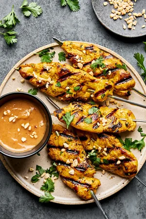 Grilled chicken satay skewers served with creamy peanut sauce, garnished with cilantro and crushed peanuts