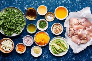 arugula, chicken, avocado, feta, chives, orange juice, oranges, mustard, garlic, white wine vinegar