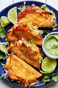 crispy chicken tacos on a plate topped with hot sauce and shredded lettuce, served with lime wedges and avocado sauce