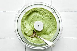 avocado sauce made with sour cream, avocado, onion powder, garlic powder, salt, cilantro, jalapeno, and lime juice