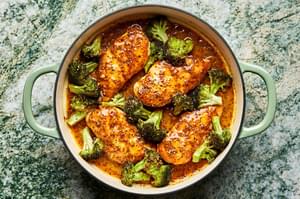 honey mustard curry chicken with broccoli in a skillet