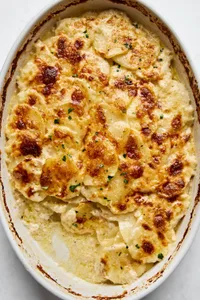 A casserole dish filled with golden, creamy potatoes au gratin, topped with a crispy cheese layer garnished with parsley.