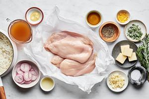 chicken breast cutlets, olive oil, shallot, garlic, butter, rosemary, salt, pepper, dijon, lemon juice & zest in prep bowls