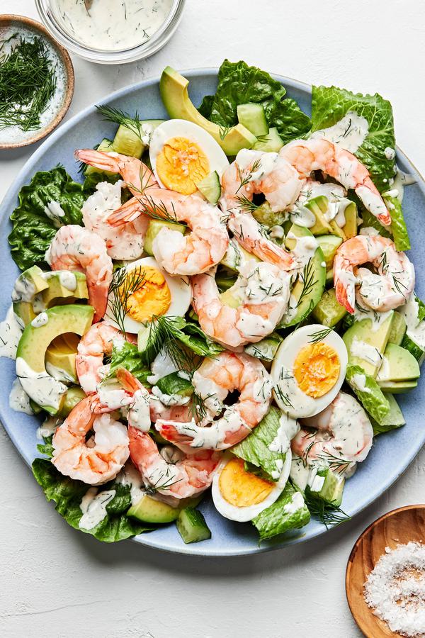 Shrimp and Avocado Salad with Dill Dressing on a platter
