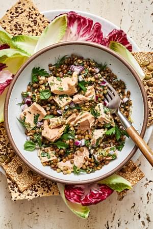 tuna lentil salad in a bowl served with seeded crackers and belgium endive