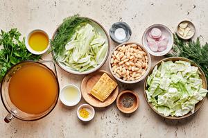 shallots, fennel, cabbage, spices, vegetable stock, white beans, parsley, dill, lemon juice & zest in prep bowls