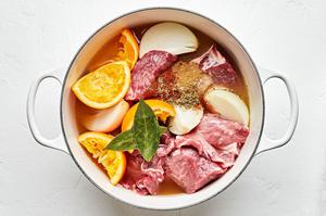 pork shoulder, chicken stock, orange & lime juice, onion & spices in a dutch oven to make carnitas