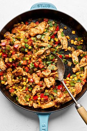 chicken quesadilla filling made with corn, bell peppers, onion, spices and cilantro