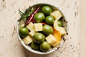 green olives and Gruyère marinated in garlic, orange, rosemary, peppercorn, dried chili and olive oil