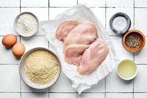 chicken breasts, panko, eggs, flour, salt, pepper & vegetable oil in prep bowls to make panko chicken