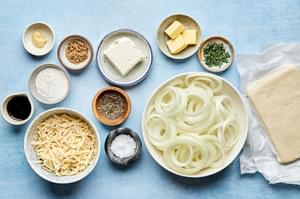 onion, spices, dijon, cream cheese, swiss, butter, brown sugar, puff pastry and balsamic glaze in prep bowls