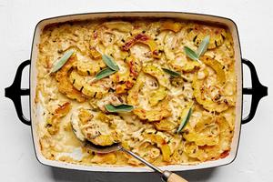 squash gratin made with cream, butter, shallots, nutmeg, thyme, sage, garlic, dijon, Parmesan and Gruyère