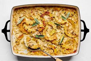 squash gratin made with cream, butter, shallots, nutmeg, thyme, sage, garlic, dijon, Parmesan and Gruyère
