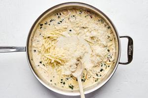 sauce made with cream, butter, shallots, spices, Parmesan and Gruyère