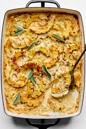 squash gratin made with cream, butter, shallots, nutmeg, thyme, sage, garlic, dijon, Parmesan and Gruyère