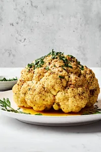 a whole roasted cauliflower on a serving plate seasoned with garlic, italian, salt, paprika & pepper & topped with Parmesan