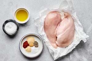 ingredients laid out to make quick and easy air fryer chicken breast, a gluten free, dairy free, high protein recipe