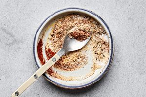 paprika, salt, pepper, onion powder, garlic powder and paprika combined in a bowl to make a dry rub for chicken