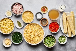 ingredients laid out to make homemade corn chowder. A delicious soup that is as delicious in summer as it is in winter.