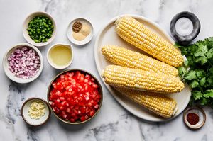 ingredients laid out to make corn salsa, the perfect summer appetizer or snack