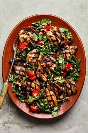 asian inspired grilled chicken with blistered green bean salad - perfect for a light, healthy dinner with bold umami flavor.