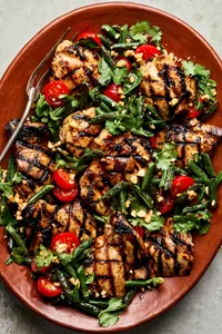 asian inspired grilled chicken with blistered green bean salad - perfect for a light, healthy dinner with bold umami flavor.