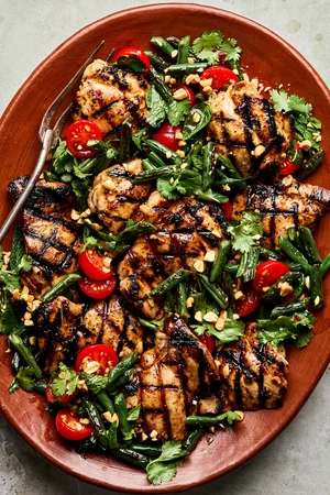 asian inspired grilled chicken with blistered green bean salad - perfect for a light, healthy dinner with bold umami flavor.