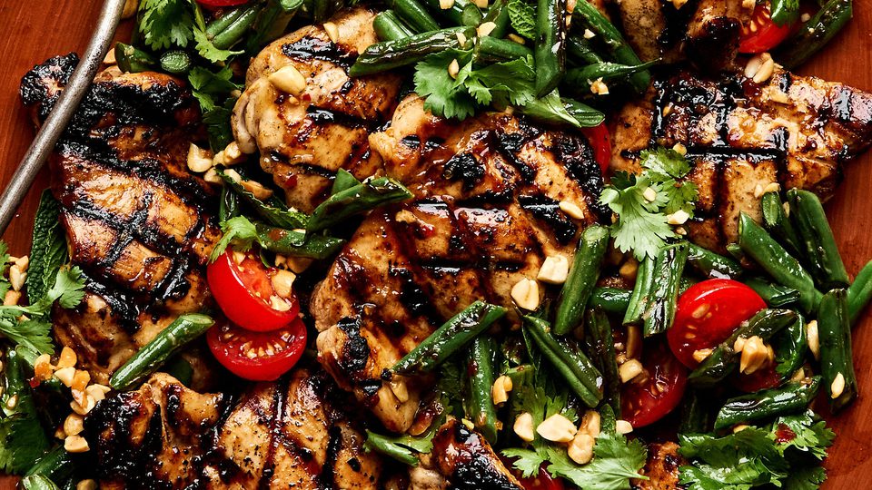 asian inspired grilled chicken with blistered green bean salad - perfect for a light, healthy dinner with bold umami flavor.