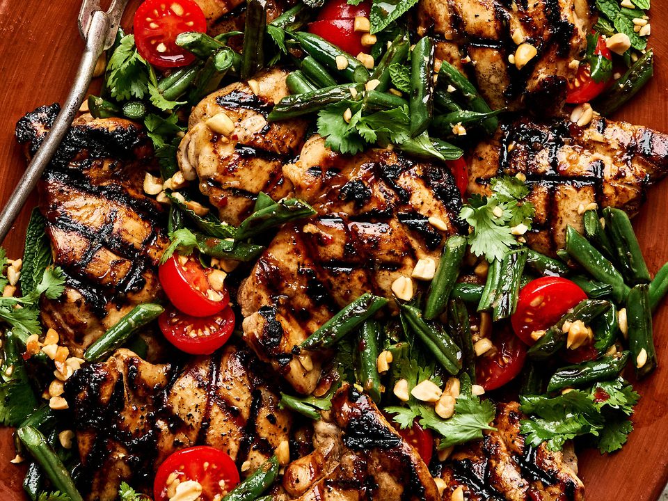 asian inspired grilled chicken with blistered green bean salad - perfect for a light, healthy dinner with bold umami flavor.