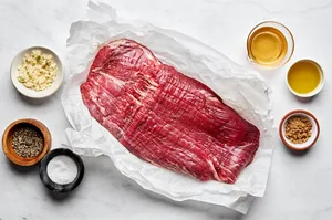 ingredients laid out to make juicy grilled flank steak marinated in apple cider vinegar, olive oil and spices