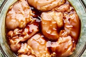 boneless, skinless chicken thighs marinating in homemade teriyaki sauce in a large bowl