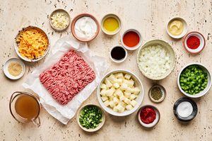 ingredients laid out to make one pot ground beef and potatoes, a hearty, simple meal perfect for fall!