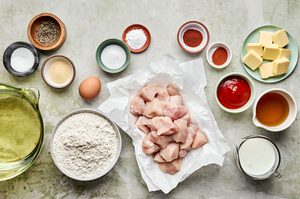 ingredients prepped and laid out to make hot honey chicken nuggets, best party appetizer or game day snack