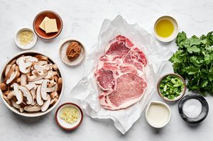 ingredients laid out to make asian inspired pork chops with miso mushrooms in a cream sauce