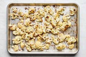 roasted cauliflower on a baking sheet
