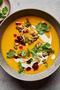 a bowl of Thai pumpkin soup topped with sriracha, pumpkin seeds and cilantro, a perfect cozy soup for fall