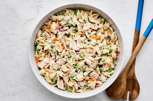 A bowl of homemade tuna pasta salad with celery, red onion, and carrots. Perfect for summer lunches, meal prep, or potlucks.
