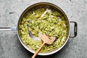 a creamy Parmesan zucchini pasta sauce cooking in a pan