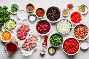 beef, pork, kidney, black and pinto beans, bell pepper, onions, spices, cheese, sour cream and avocado in prep bowls