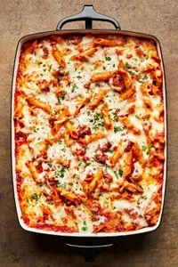 Baked Mostaccioli in a baking dish