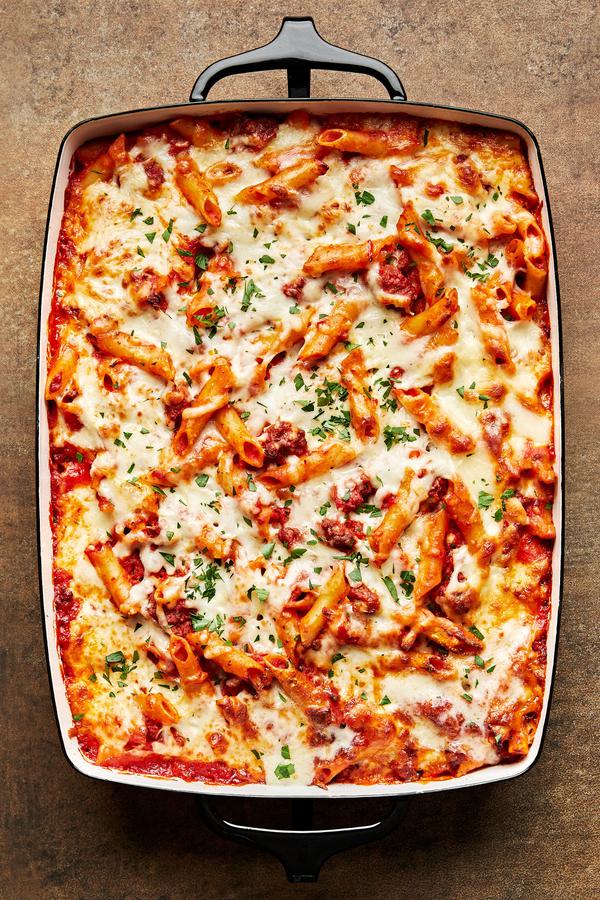 Baked Mostaccioli in a baking dish